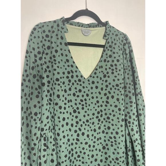 Arula Leopard Print Green Shift Dress Size A/XL Long Sleeve Knee Length V-Neck - Picture 3 of 13